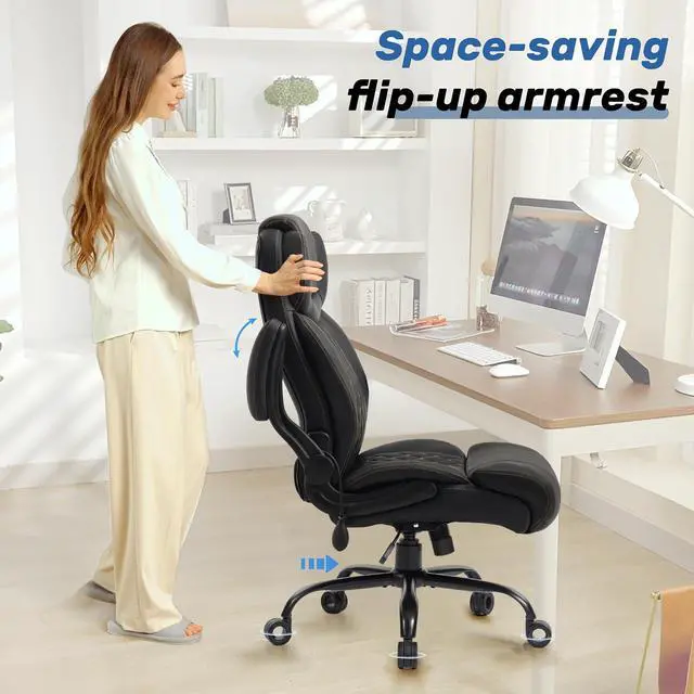 Alt view image 6 of 7 - 500LBS Big and Tall Executive Office Chair with Adjustable Lumbar Support,Extra Wide Seat for Ergonomic Computer Desk Chair Flip-up Arm,Home Office Chair Spring Cushion Upgraded Metal Base, PU Black