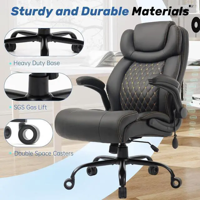 Alt view image 7 of 7 - 500LBS Big and Tall Executive Office Chair with Adjustable Lumbar Support,Extra Wide Seat for Ergonomic Computer Desk Chair Flip-up Arm,Home Office Chair Spring Cushion Upgraded Metal Base, PU Black