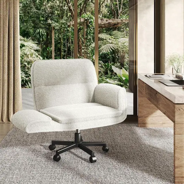 Alt view image 2 of 7 - Patbrela Office Chair Teddy Plush Ergonomic Criss Cross Office Chair with Adjustable Armrests, Swivel Vanity Chair Comfy Computer Desk Chairs, Beige