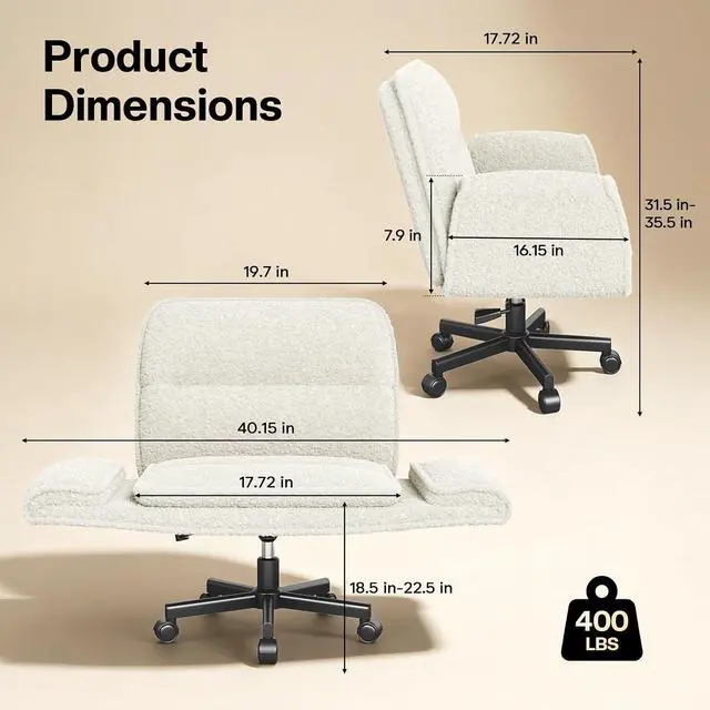 Alt view image 3 of 7 - Patbrela Office Chair Teddy Plush Ergonomic Criss Cross Office Chair with Adjustable Armrests, Swivel Vanity Chair Comfy Computer Desk Chairs, Beige