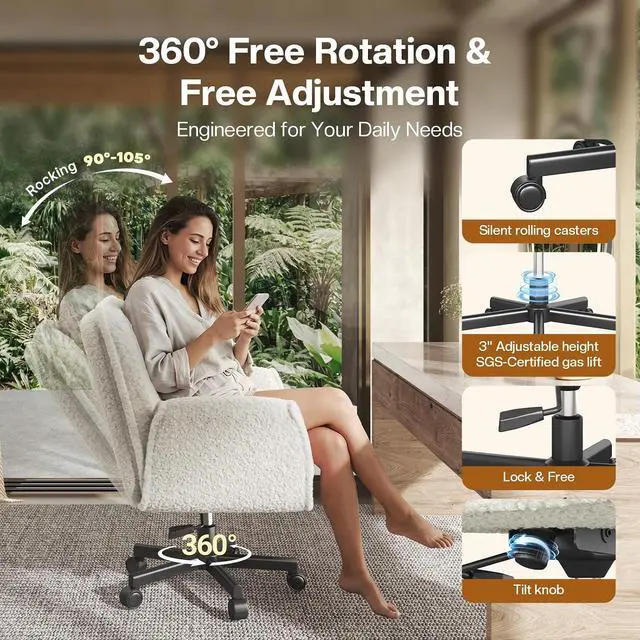 Alt view image 5 of 7 - Patbrela Office Chair Teddy Plush Ergonomic Criss Cross Office Chair with Adjustable Armrests, Swivel Vanity Chair Comfy Computer Desk Chairs, Beige