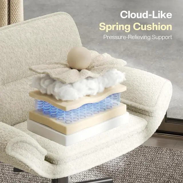 Alt view image 6 of 7 - Patbrela Office Chair Teddy Plush Ergonomic Criss Cross Office Chair with Adjustable Armrests, Swivel Vanity Chair Comfy Computer Desk Chairs, Beige