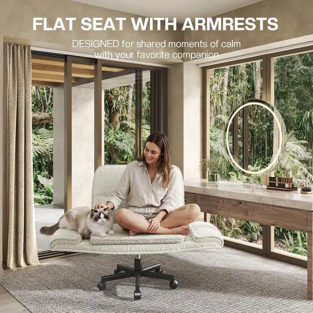 Alt view image 7 of 7 - Patbrela Office Chair Teddy Plush Ergonomic Criss Cross Office Chair with Adjustable Armrests, Swivel Vanity Chair Comfy Computer Desk Chairs, Beige