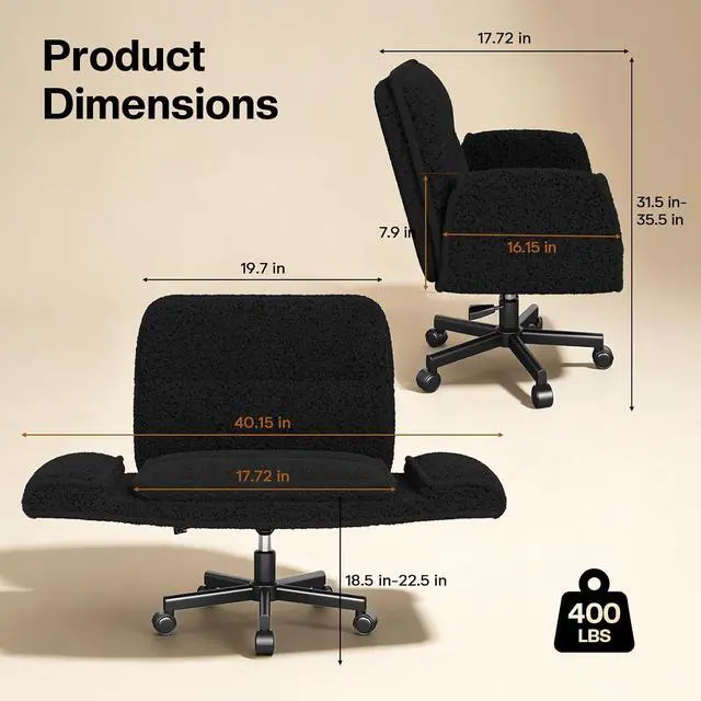 Alt view image 2 of 7 - Patbrela Office Chair Teddy Plush Ergonomic Criss Cross Office Chair with Adjustable Armrests, Swivel Vanity Chair Comfy Computer Desk Chairs, Black