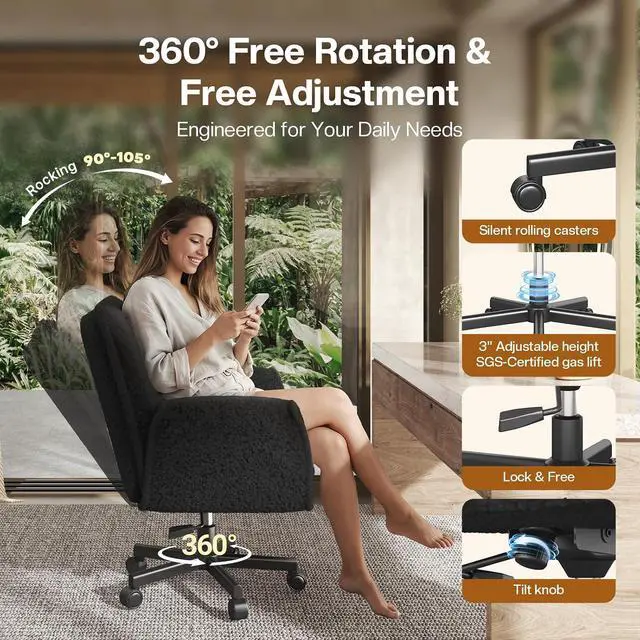 Alt view image 4 of 7 - Patbrela Office Chair Teddy Plush Ergonomic Criss Cross Office Chair with Adjustable Armrests, Swivel Vanity Chair Comfy Computer Desk Chairs, Black