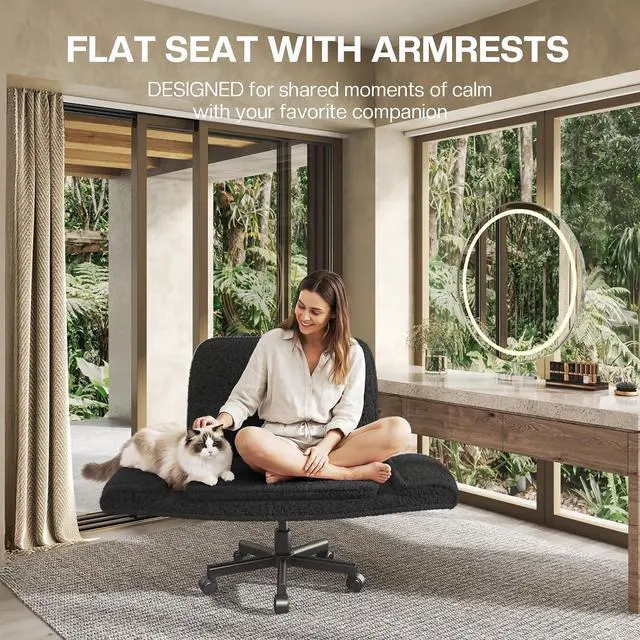 Alt view image 6 of 7 - Patbrela Office Chair Teddy Plush Ergonomic Criss Cross Office Chair with Adjustable Armrests, Swivel Vanity Chair Comfy Computer Desk Chairs, Black