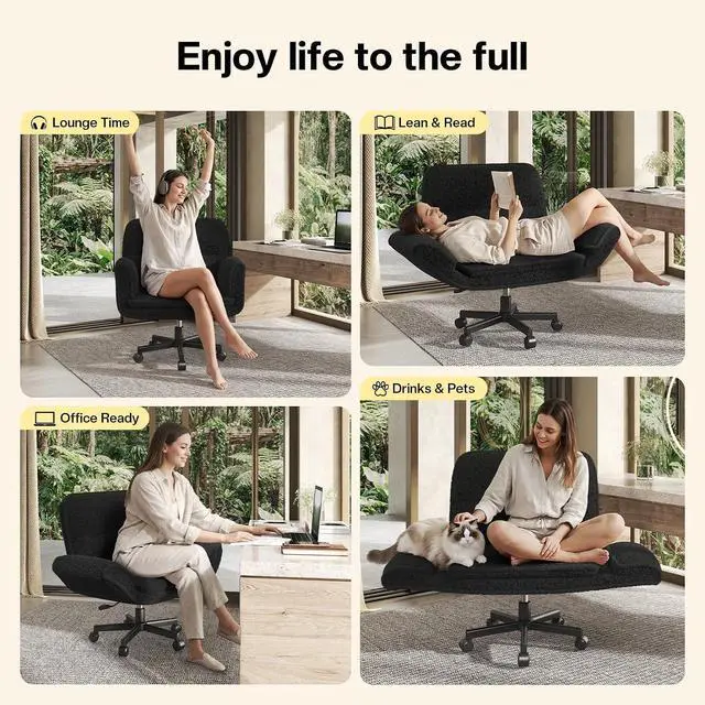 Alt view image 7 of 7 - Patbrela Office Chair Teddy Plush Ergonomic Criss Cross Office Chair with Adjustable Armrests, Swivel Vanity Chair Comfy Computer Desk Chairs, Black
