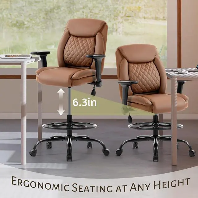 Alt view image 4 of 7 - Drafting Chair,Executive Tall Office Chair Flip-up Armrests for Counter Height Desk Drawing Use,High Task Chair with Adjustable Foot Ring & Inflatable Lumbar Support, Swivel Computer Stool,PU Brown