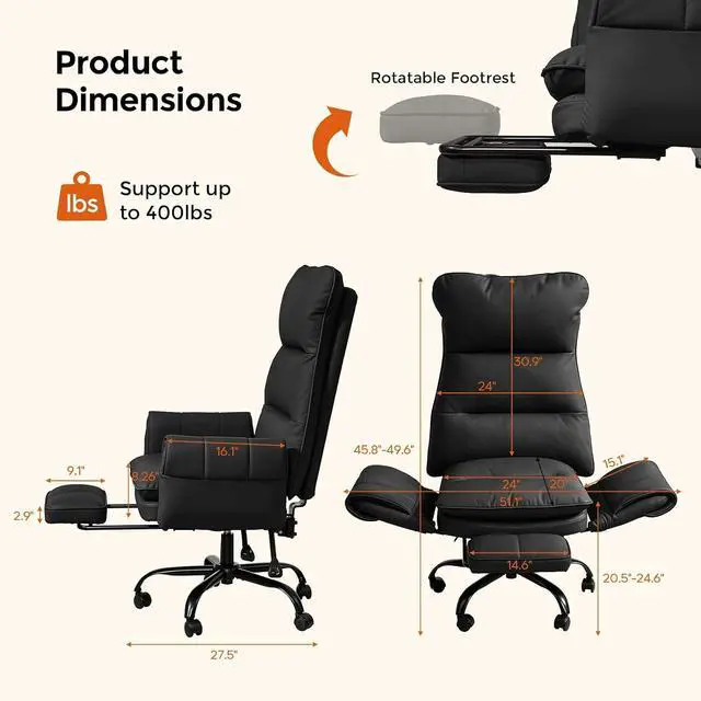 Alt view image 6 of 7 - Big and Tall Office Chair, PU Leather Swivel Desk Chair Ergonomic Computer Chairs with Adjustable Armrests, Black