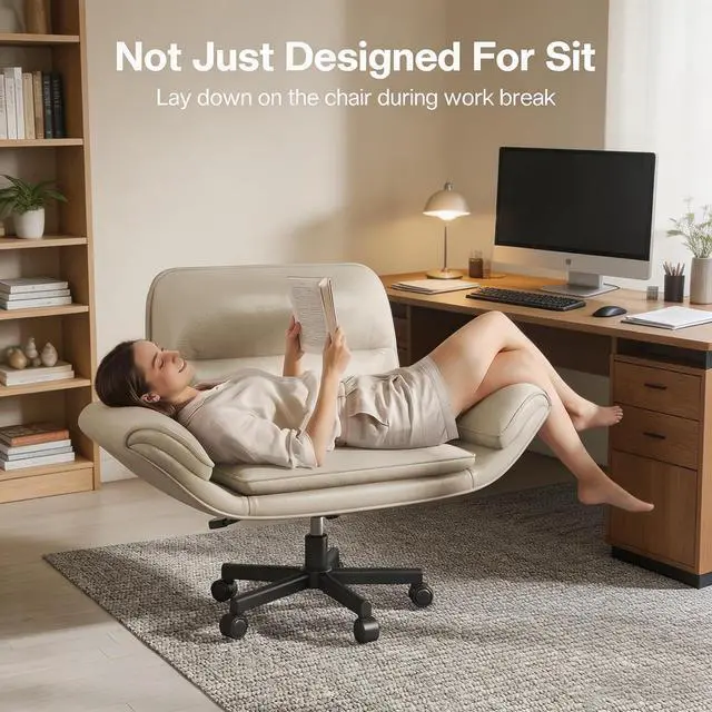 Alt view image 3 of 7 - Patbrela Office Chair PU Leather Ergonomic Criss Cross Office Chair with Adjustable Armrests, Swivel Vanity Chair Comfy Computer Desk Chairs, Khaki