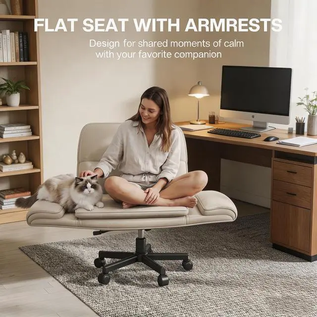 Alt view image 6 of 7 - Patbrela Office Chair PU Leather Ergonomic Criss Cross Office Chair with Adjustable Armrests, Swivel Vanity Chair Comfy Computer Desk Chairs, Khaki