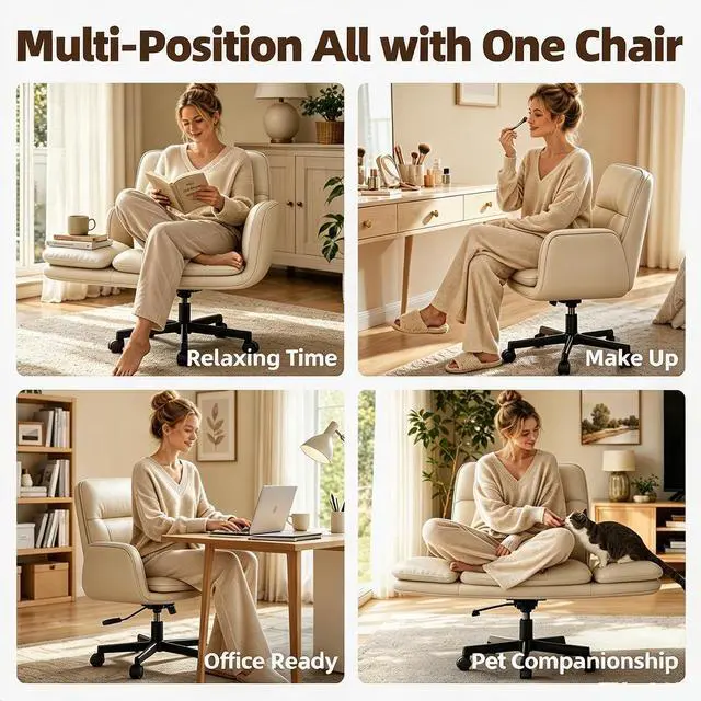 Alt view image 7 of 7 - Patbrela Office Chair PU Leather Ergonomic Criss Cross Office Chair with Adjustable Armrests, Swivel Vanity Chair Comfy Computer Desk Chairs, Khaki
