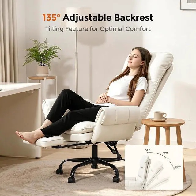 Alt view image 3 of 7 - Big and Tall Office Chair, PU Leather Swivel Desk Chair Ergonomic Computer Chairs with Adjustable Armrests, White