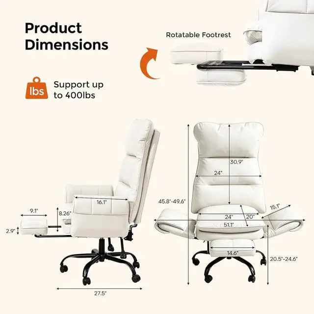 Alt view image 6 of 7 - Big and Tall Office Chair, PU Leather Swivel Desk Chair Ergonomic Computer Chairs with Adjustable Armrests, White