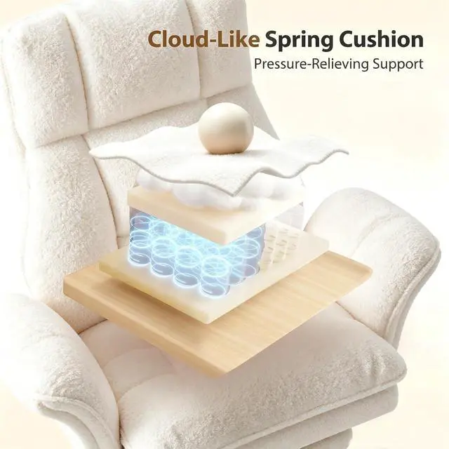 Alt view image 4 of 7 - Big and Tall Office Chair with Footrest and Adjustable Armrests, Executive Ergonomic Computer Gaming Chair, Teddy Fleece Wide Seat Reclining Desk Chair, Beige