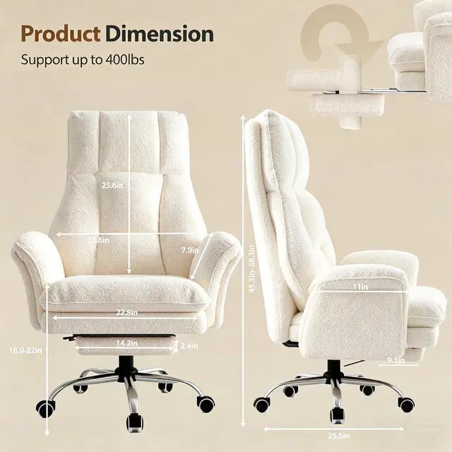 Alt view image 6 of 7 - Big and Tall Office Chair with Footrest and Adjustable Armrests, Executive Ergonomic Computer Gaming Chair, Teddy Fleece Wide Seat Reclining Desk Chair, Beige