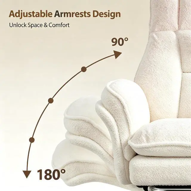 Alt view image 7 of 7 - Big and Tall Office Chair with Footrest and Adjustable Armrests, Executive Ergonomic Computer Gaming Chair, Teddy Fleece Wide Seat Reclining Desk Chair, Beige