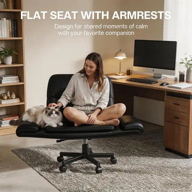 Alt view image 4 of 7 - Patbrela Office Chair PU Leather Ergonomic Criss Cross Office Chair with Adjustable Armrests, Swivel Vanity Chair Comfy Computer Desk Chairs, Black