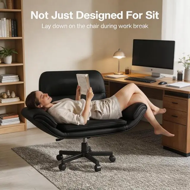 Alt view image 3 of 7 - Patbrela Office Chair PU Leather Ergonomic Criss Cross Office Chair with Adjustable Armrests, Swivel Vanity Chair Comfy Computer Desk Chairs, Black