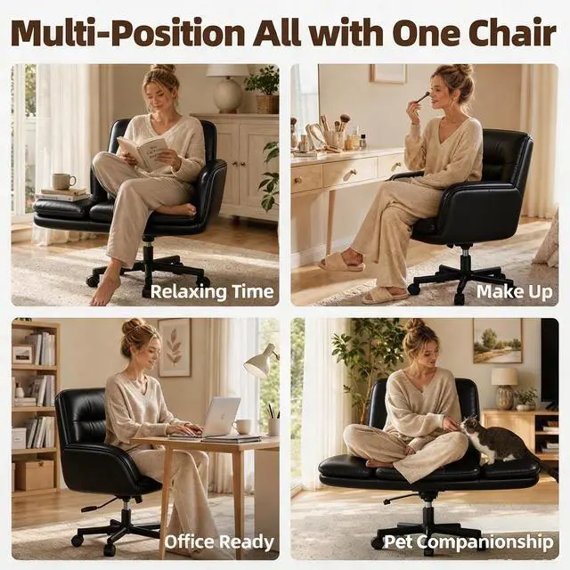 Alt view image 5 of 7 - Patbrela Office Chair PU Leather Ergonomic Criss Cross Office Chair with Adjustable Armrests, Swivel Vanity Chair Comfy Computer Desk Chairs, Black