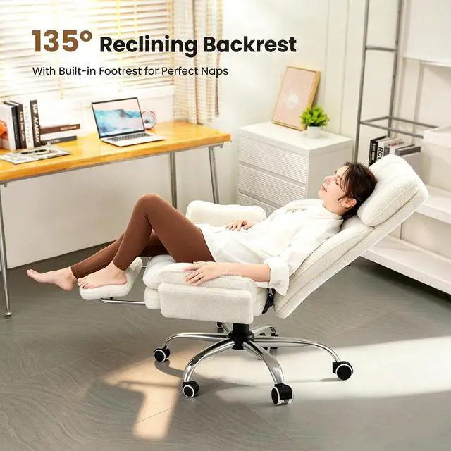 Alt view image 3 of 7 - Big and Tall Office Chair with Footrest and Adjustable Armrests, Executive Ergonomic Computer Gaming Chair, Teddy Fleece Wide Seat Reclining Desk Chair, Beige