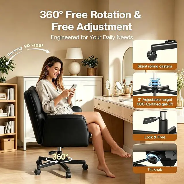 Alt view image 6 of 7 - Patbrela Office Chair PU Leather Ergonomic Criss Cross Office Chair with Adjustable Armrests, Swivel Vanity Chair Comfy Computer Desk Chairs, Black