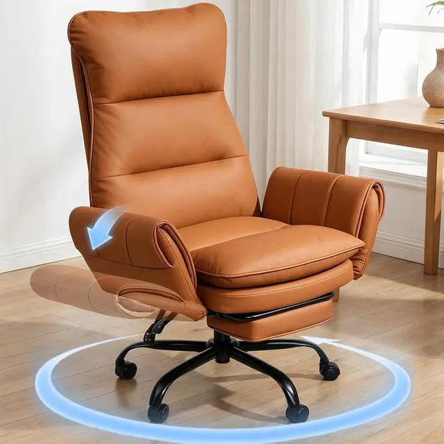 Main image of Big and Tall Office Chair, PU Leather Swivel Desk Chair Ergonomic Computer Chairs with Adjustable Armrests, Brown