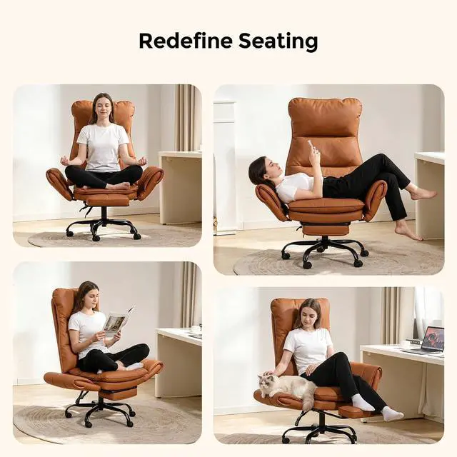Alt view image 4 of 7 - Big and Tall Office Chair, PU Leather Swivel Desk Chair Ergonomic Computer Chairs with Adjustable Armrests, Brown