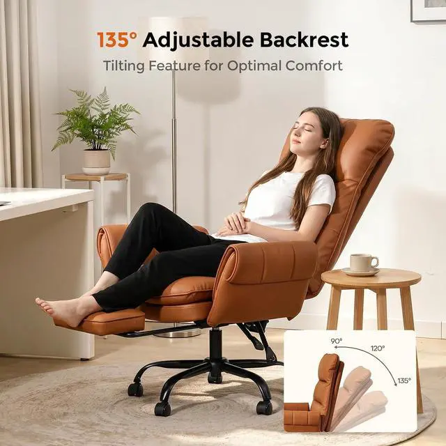 Alt view image 3 of 7 - Big and Tall Office Chair, PU Leather Swivel Desk Chair Ergonomic Computer Chairs with Adjustable Armrests, Brown