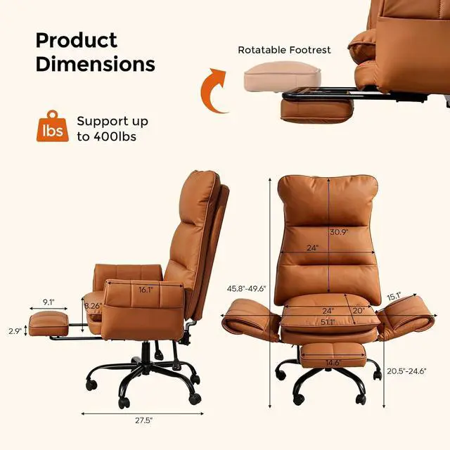 Alt view image 6 of 7 - Big and Tall Office Chair, PU Leather Swivel Desk Chair Ergonomic Computer Chairs with Adjustable Armrests, Brown