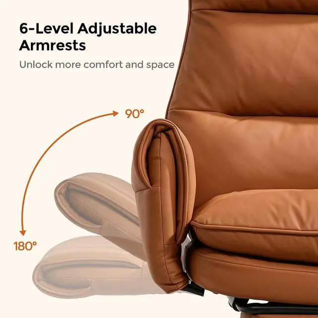 Alt view image 5 of 7 - Big and Tall Office Chair, PU Leather Swivel Desk Chair Ergonomic Computer Chairs with Adjustable Armrests, Brown