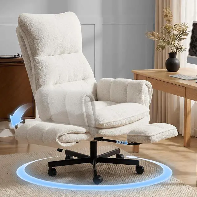 Main image of Big and Tall Office Chair, Cloud Teddy Plush Swivel Desk Chair with 6-Level Adjustable Armrests, Home Ergonomic Executive Office Chair, Beige