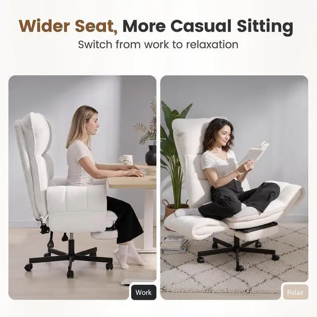 Alt view image 2 of 7 - Big and Tall Office Chair, Cloud Teddy Plush Swivel Desk Chair with 6-Level Adjustable Armrests, Home Ergonomic Executive Office Chair, Beige
