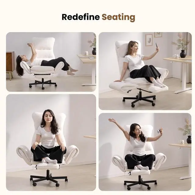 Alt view image 4 of 7 - Big and Tall Office Chair, Cloud Teddy Plush Swivel Desk Chair with 6-Level Adjustable Armrests, Home Ergonomic Executive Office Chair, Beige