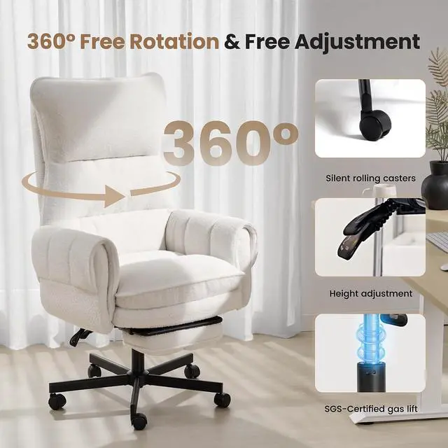 Alt view image 6 of 7 - Big and Tall Office Chair, Cloud Teddy Plush Swivel Desk Chair with 6-Level Adjustable Armrests, Home Ergonomic Executive Office Chair, Beige