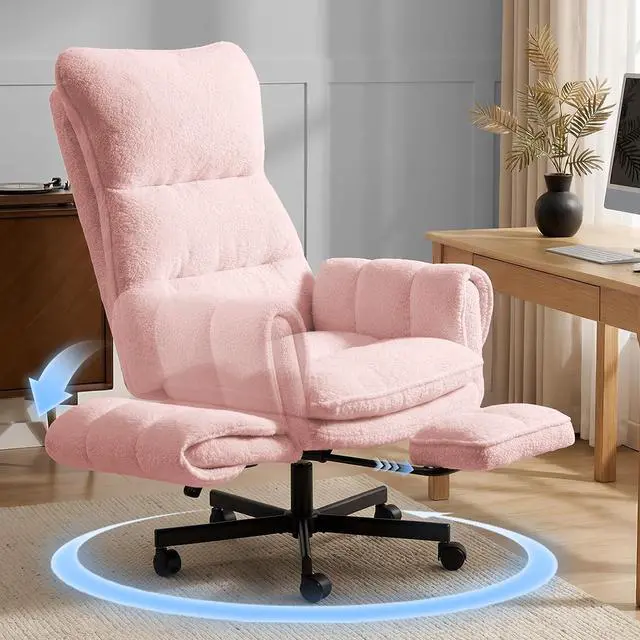 Main image of Big and Tall Office Chair, Cloud Teddy Plush Swivel Desk Chair with 6-Level Adjustable Armrests, Home Ergonomic Executive Office Chair, Pink