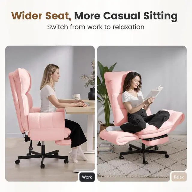 Alt view image 2 of 7 - Big and Tall Office Chair, Cloud Teddy Plush Swivel Desk Chair with 6-Level Adjustable Armrests, Home Ergonomic Executive Office Chair, Pink
