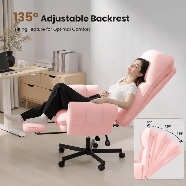 Alt view image 3 of 7 - Big and Tall Office Chair, Cloud Teddy Plush Swivel Desk Chair with 6-Level Adjustable Armrests, Home Ergonomic Executive Office Chair, Pink