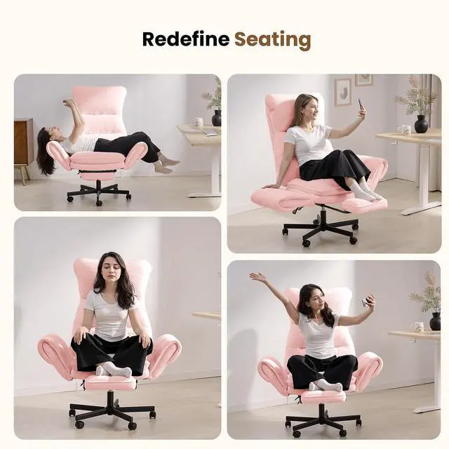 Alt view image 4 of 7 - Big and Tall Office Chair, Cloud Teddy Plush Swivel Desk Chair with 6-Level Adjustable Armrests, Home Ergonomic Executive Office Chair, Pink