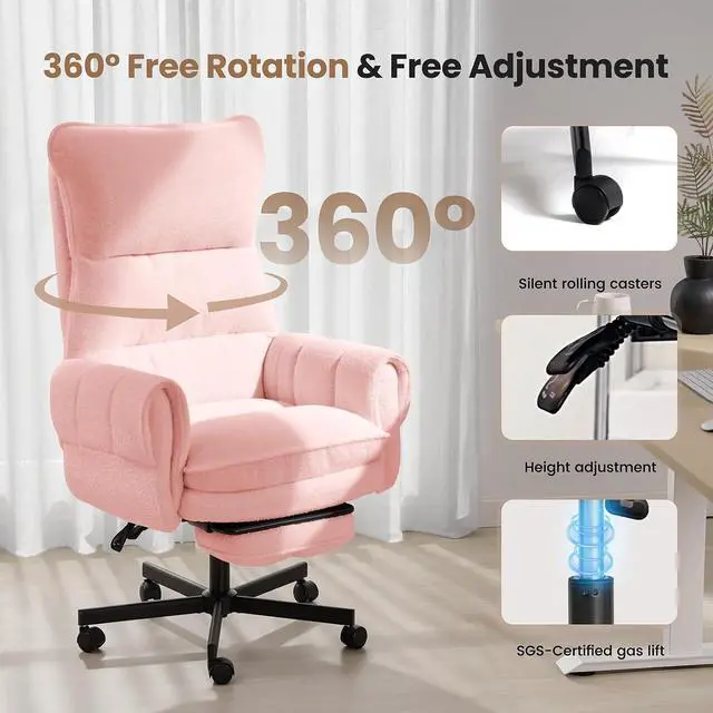 Alt view image 6 of 7 - Big and Tall Office Chair, Cloud Teddy Plush Swivel Desk Chair with 6-Level Adjustable Armrests, Home Ergonomic Executive Office Chair, Pink
