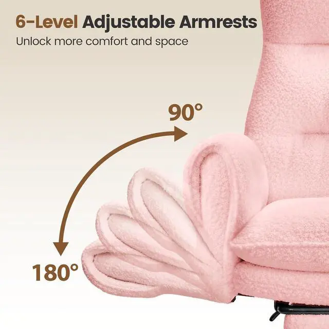 Alt view image 5 of 7 - Big and Tall Office Chair, Cloud Teddy Plush Swivel Desk Chair with 6-Level Adjustable Armrests, Home Ergonomic Executive Office Chair, Pink