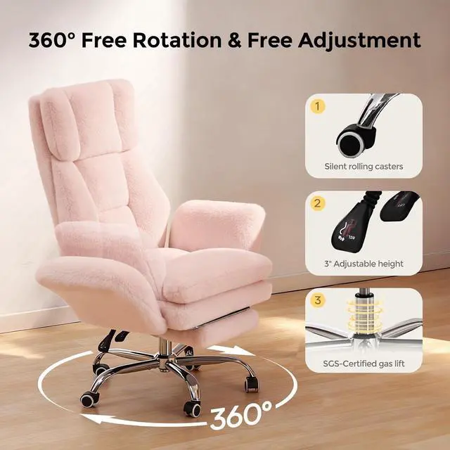 Alt view image 7 of 7 - Big and Tall Office Chair, Cloud Plush Swivel Desk Chair with 6-Level Adjustable Armrests, Home Ergonomic Executive Office Chair for Work, Gaming, Pink