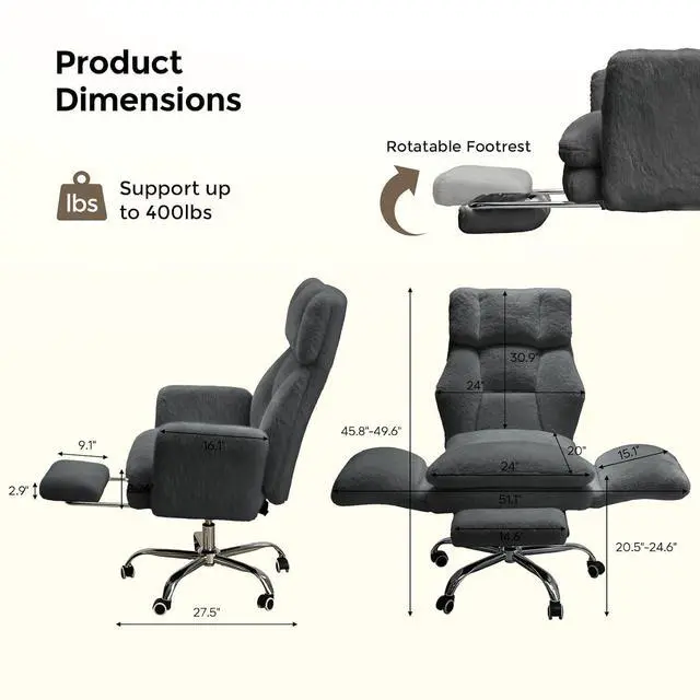 Alt view image 2 of 7 - Big and Tall Office Chair, Cloud Plush Swivel Desk Chair with 6-Level Adjustable Armrests, Home Ergonomic Executive Office Chair for Work, Gaming, Gray