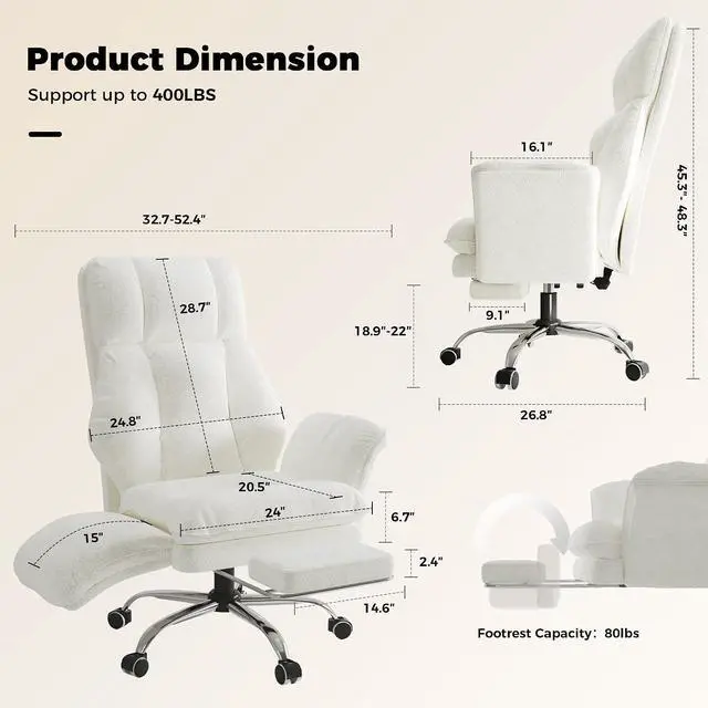Alt view image 2 of 7 - Big and Tall Office Chair, Flip Armrests for Pets & Cross Legged Sitting, Executive Ergonomic Computer Gaming Chair with Foot Rest, Teddy Fleece Wide Seat Reclining Desk Chair, White Vanity Chair