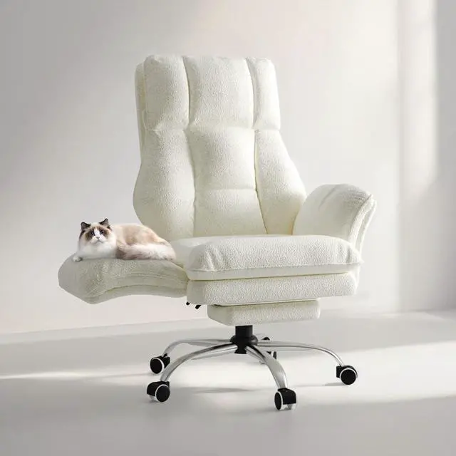 Main image of Big and Tall Office Chair, Flip Armrests for Pets & Cross Legged Sitting, Executive Ergonomic Computer Gaming Chair with Foot Rest, Teddy Fleece Wide Seat Reclining Desk Chair, White Vanity Chair