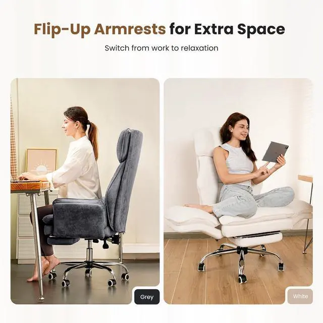 Alt view image 2 of 7 - Big and Tall Office Chair, Flip Armrests for Pets & Cross Legged Sitting, Executive Ergonomic Computer Gaming Chair with Foot Rest, Premium Tech Fabric Wide Seat Reclining Desk Chair