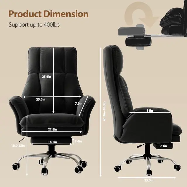 Alt view image 2 of 7 - Big and Tall Office Chair, Flip Armrests for Pets & Cross Legged Sitting, Executive Ergonomic Computer Gaming Chair with Foot Rest, Crystal Velvet Wide Seat Reclining Desk Chair