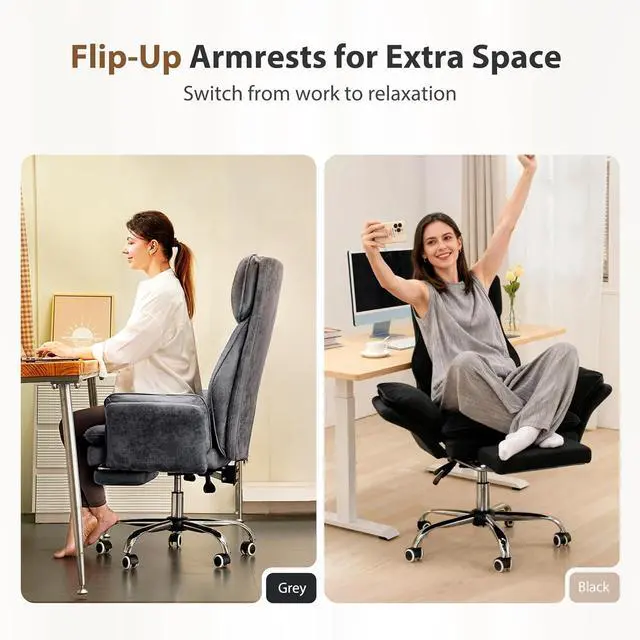 Alt view image 3 of 7 - Big and Tall Office Chair, Flip Armrests for Pets & Cross Legged Sitting, Executive Ergonomic Computer Gaming Chair with Foot Rest, Crystal Velvet Wide Seat Reclining Desk Chair