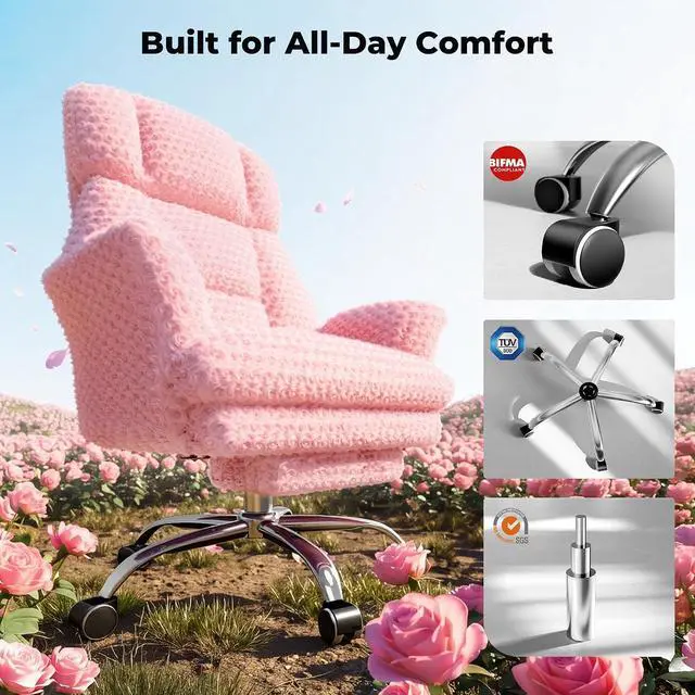Alt view image 6 of 7 - Big and Tall Office Chair, Flip Armrests for Pets & Cross Legged Sitting, Executive Ergonomic Computer Gaming Chair with Foot Rest, Rose Velvet Pink Wide Seat Reclining Desk Chair