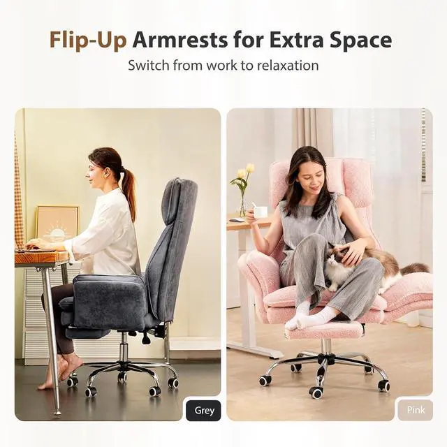 Alt view image 2 of 7 - Big and Tall Office Chair, Flip Armrests for Pets & Cross Legged Sitting, Executive Ergonomic Computer Gaming Chair with Foot Rest, Teddy Fleece Wide Seat Reclining Desk Chair, Pink